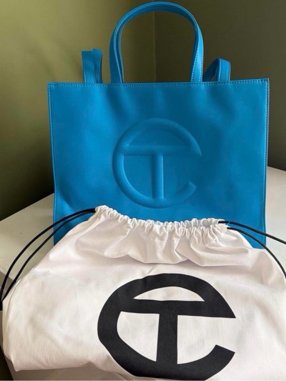 Telfar Turquoise Leather Shopping Tote with Embossed Logo